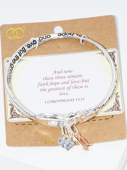 Corinthians 1313 message engraved twist metal cross heart dangle bangle bracelet