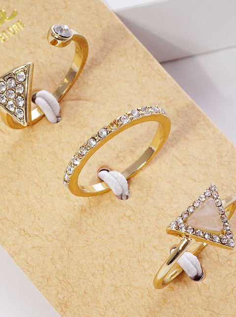 Set of 3 Crystal Pave Triangle Semi-Precious Stone Cuff Ring Set